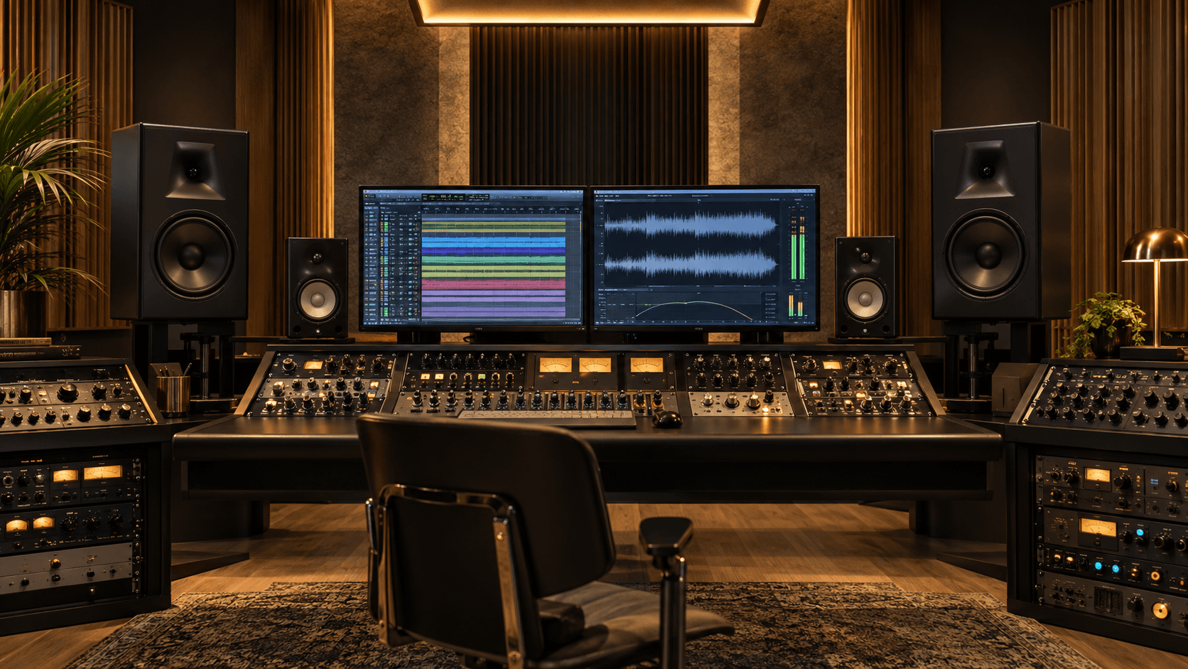 Premium mastering studio with a large console and multitrack and stereo waveforms on the display.
