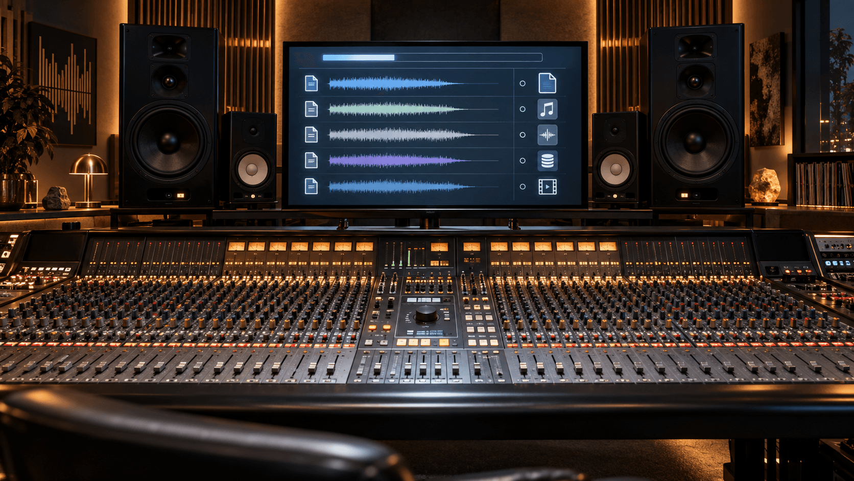 Premium studio console with organised audio deliverables and waveform files shown on the main display.