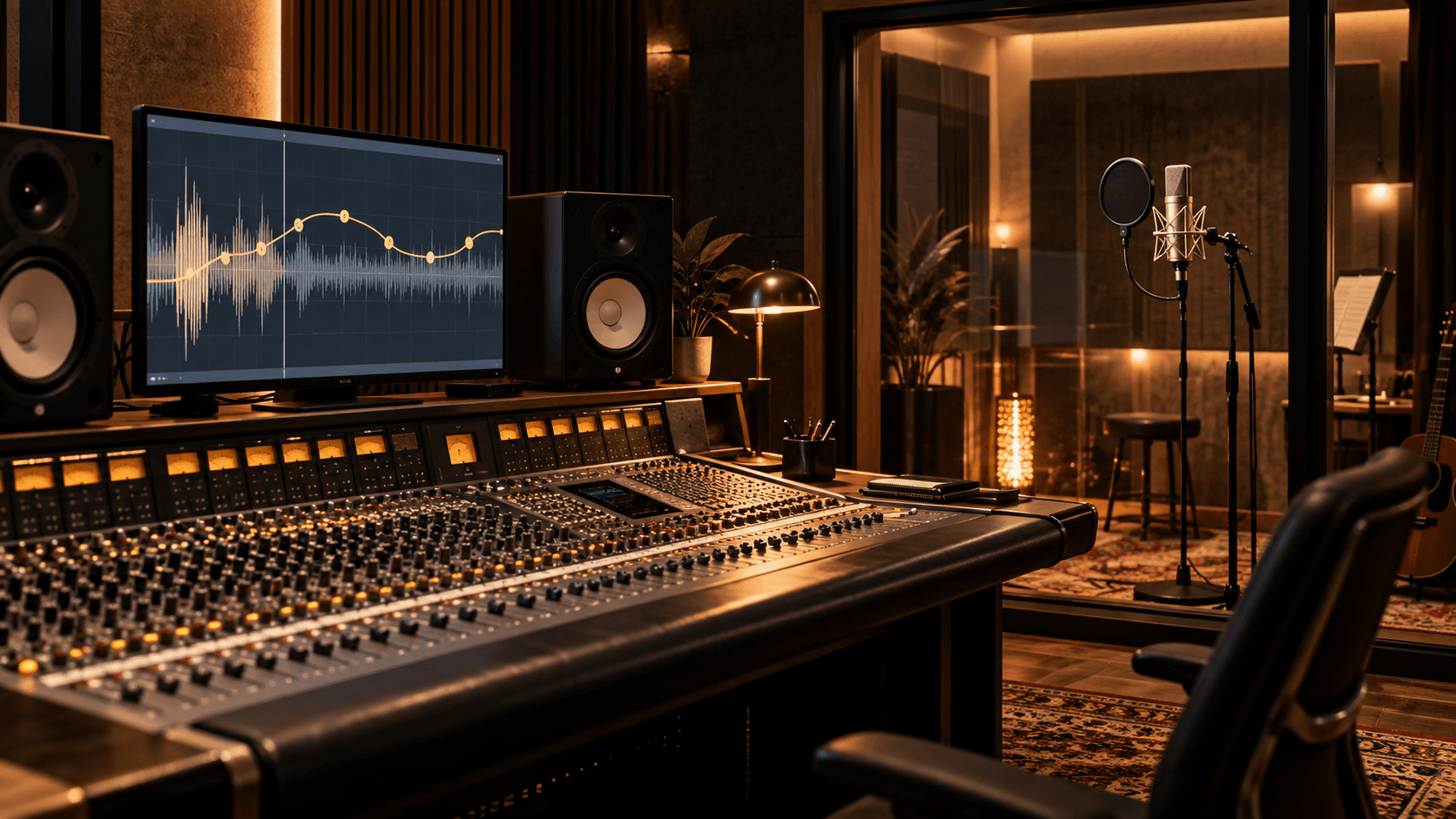 Premium vocal production studio with a console, microphone booth and a pitch curve on the display.