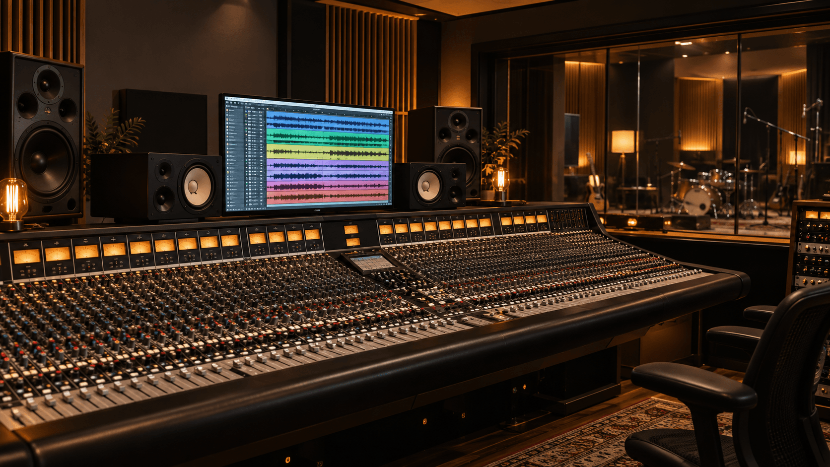 Premium recording studio mixing console with an organised multitrack session displayed on screen.
