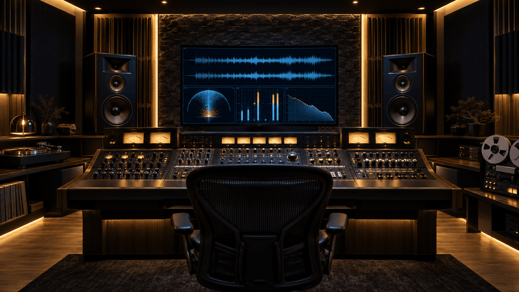 Premium mastering studio with a large console and loudness meters displayed above it.