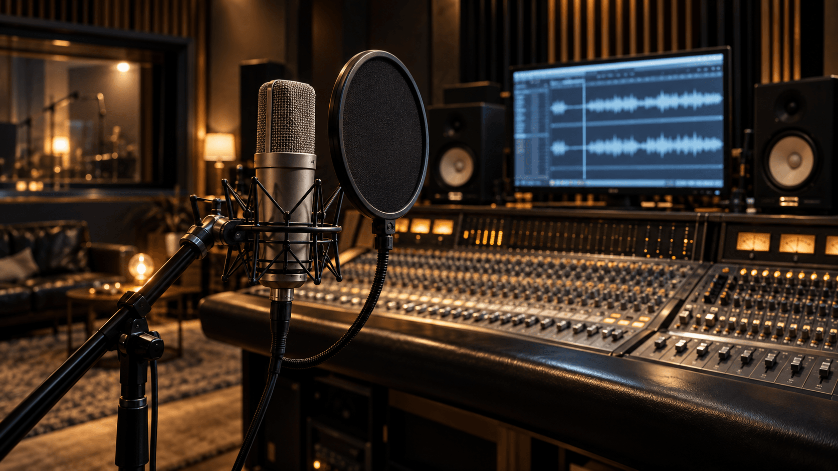 Studio microphone and pop filter in front of a large mixing console, with vocal waveforms displayed on a monitor.