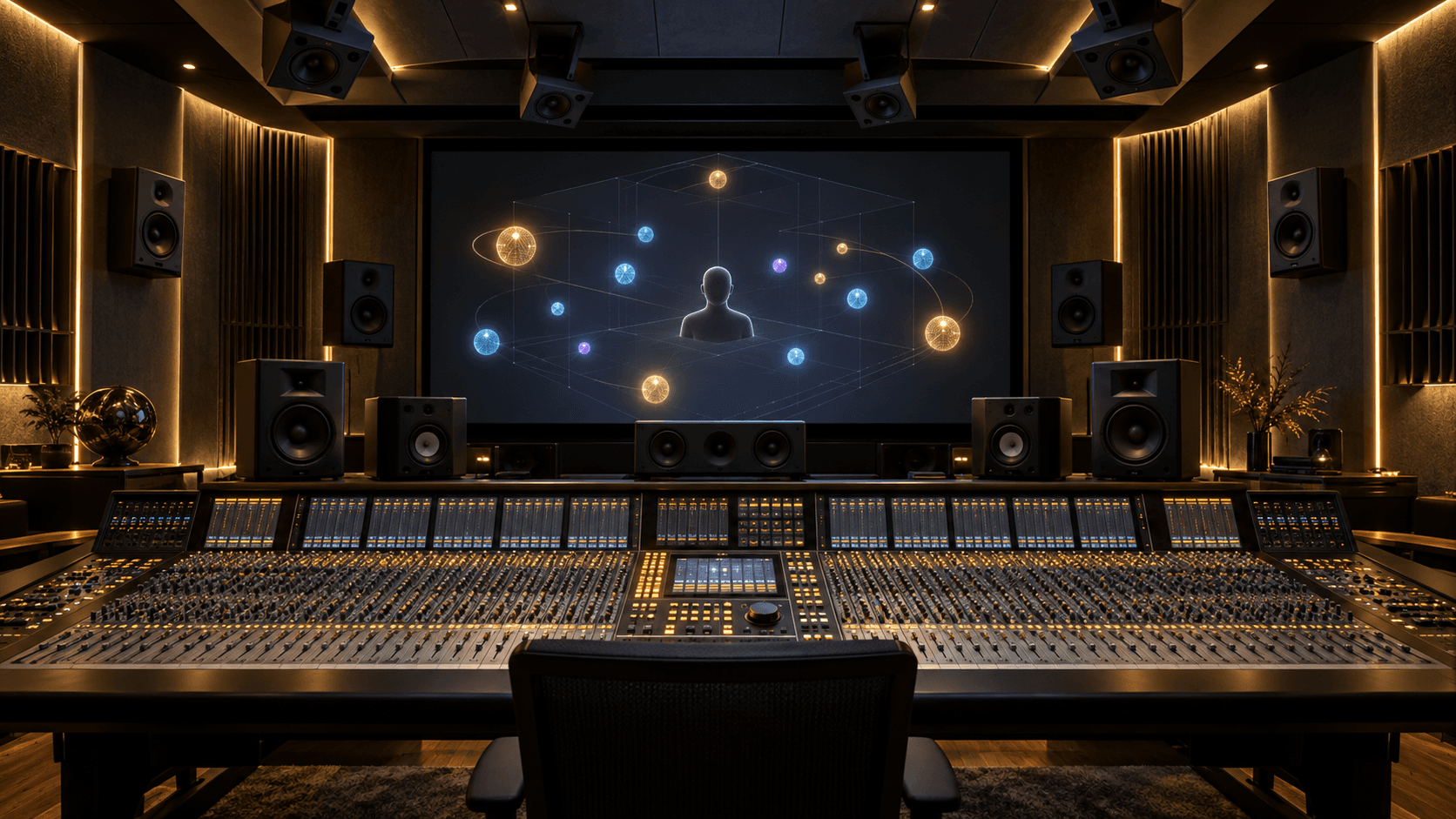Premium immersive mixing studio with a large console, overhead speakers and a spatial audio display.